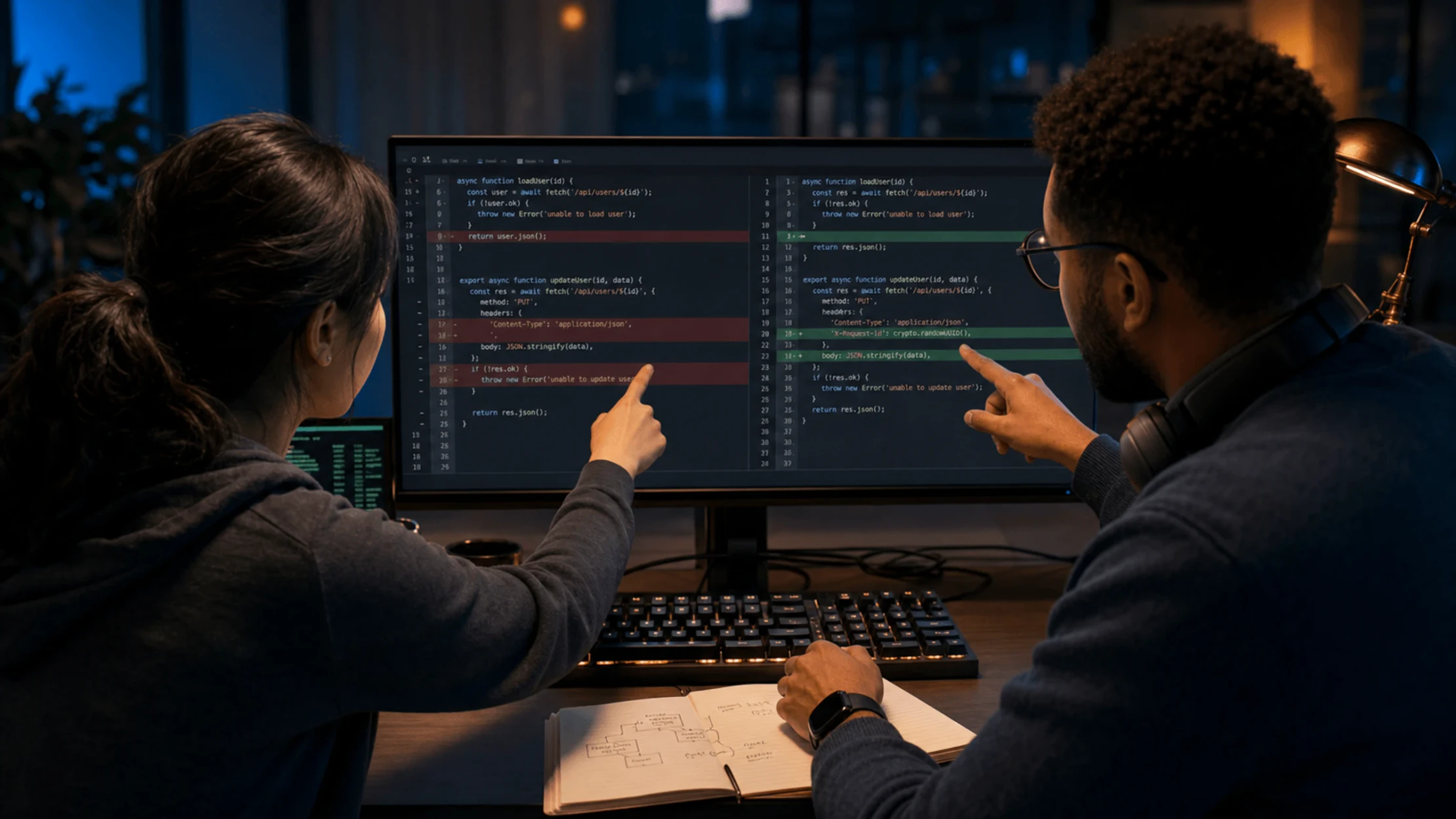 Dwoje programistów wspólnie przegląda kod źródłowy i pull request